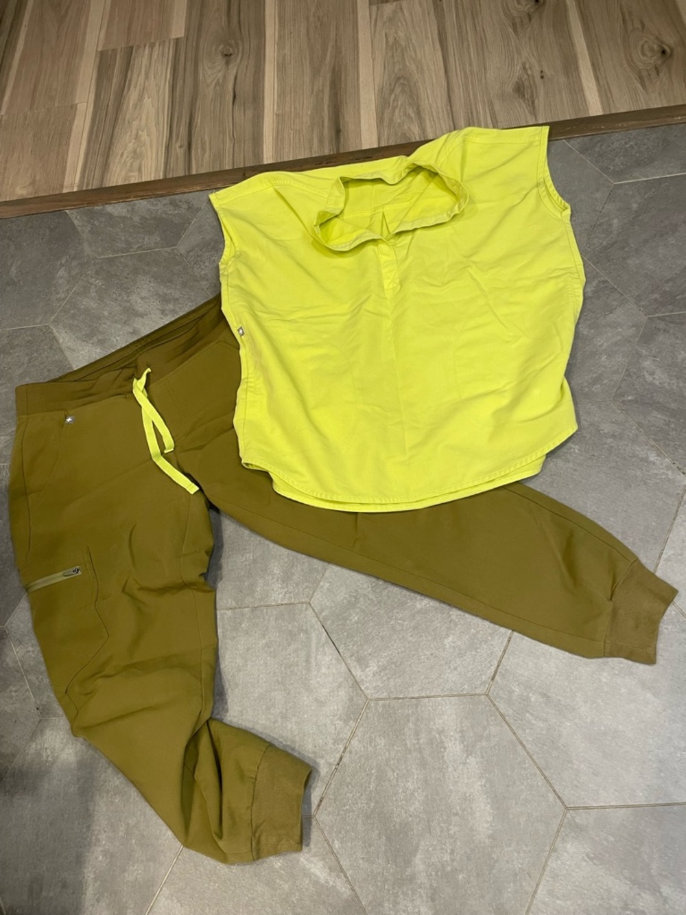 Figs Neon Yellow Top with Olive Jogger Set